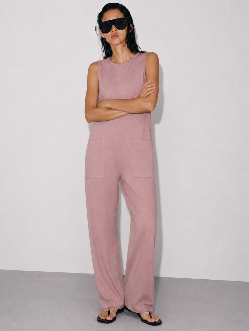 Zara Slouchy Sleeveless Cotton Wide-Leg Jumpsuit in Dusty Rose